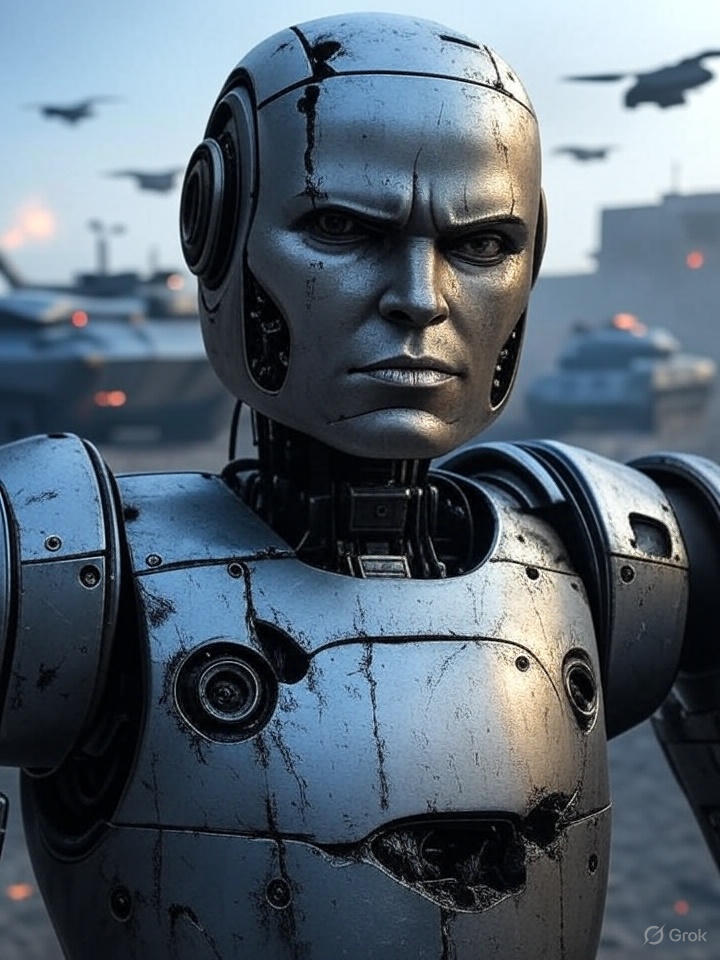 AI robot on a futuristic battlefield